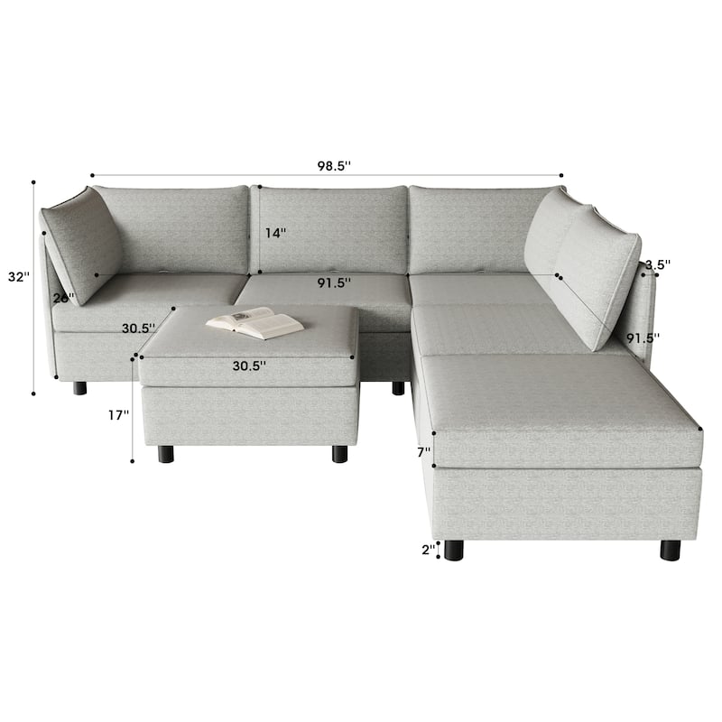 Grey 68'' L-Shaped 6 Seater Modular Sectional Sofa with Storage, Convertible Ottoman, High-Density Foam and Pocket Springs