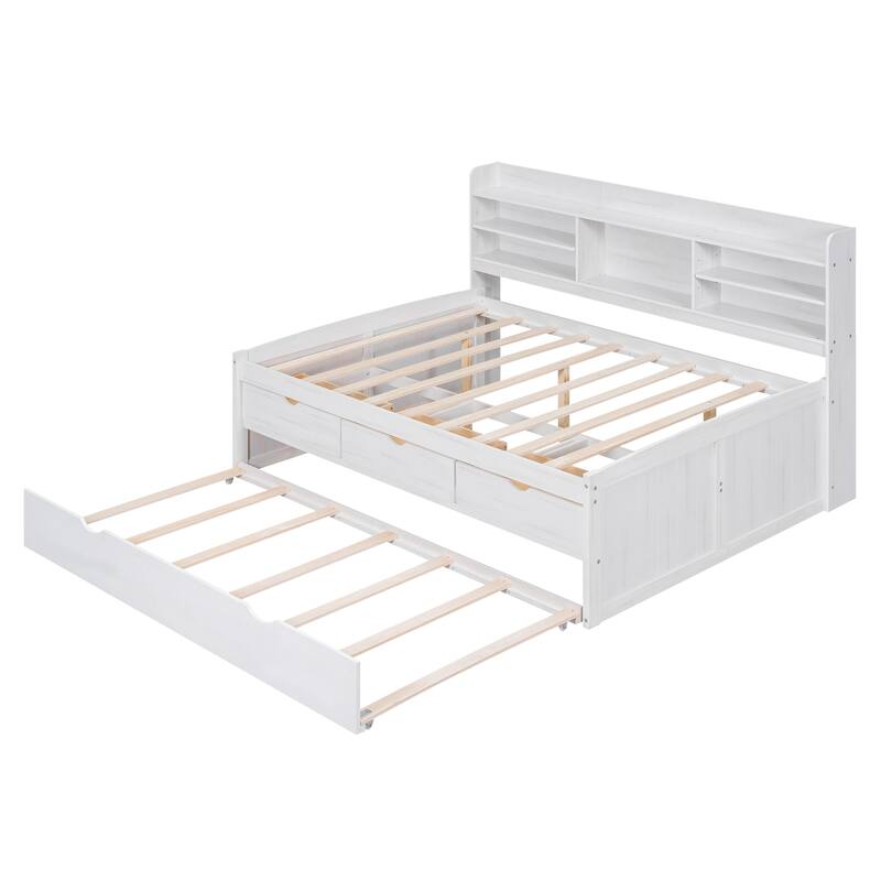 Full Size Wooden Captain Bed with Built-in Bookshelves,Three Storage Drawers and Trundle,Antique Grey - N/A