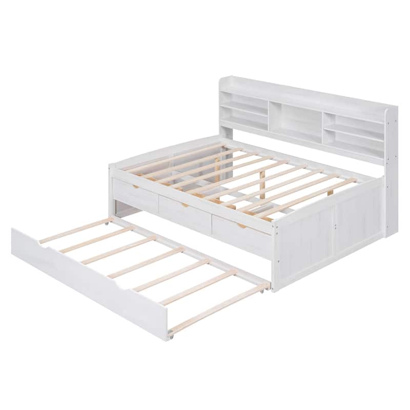 White Full Size Wooden Captain Platform Bed with Built-in Bookshelves, Three Storage Drawers and Trundle