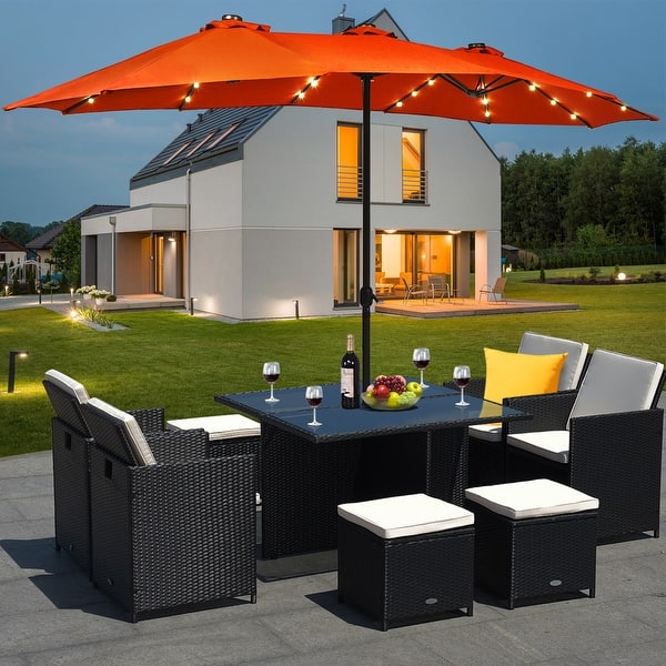 costway patio double-sided market umbrella crank 15 Feet Twin with and Base-Red Crafted with 12 sturdy ribs and thick metal pole Costway 15Ft Patio Double-Sided Solar