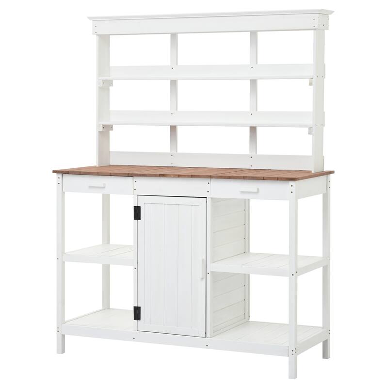 66" Large Outdoor Wooden Potting Bench Table, Garden Workstation with 2 Drawers, Cabinet Open Shelves for Backyard