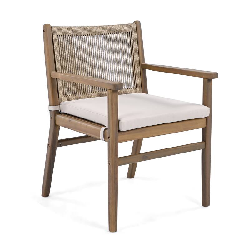 Roomfitters Outdoor Dining Chairs Set of 2, Acacia Wood Armchairs with Rope Back and Cushions, Patio Seating