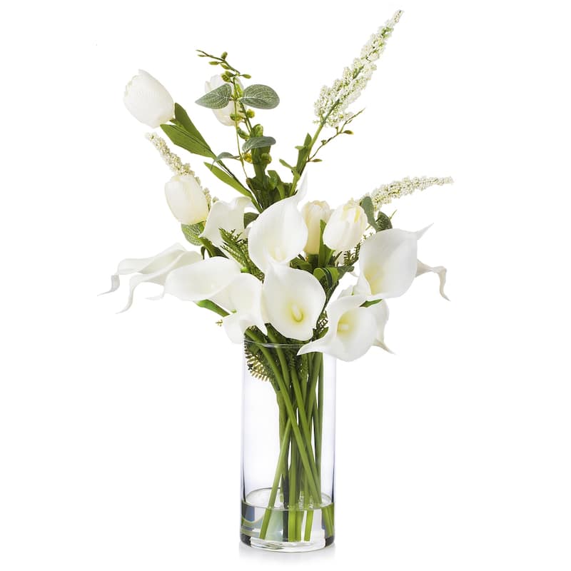 Enova Home Mixed Artificial Cream Real Touch Tulip and Lily Fake Silk Flowers Arrangement in Clear Glass Vase for Home Decor
