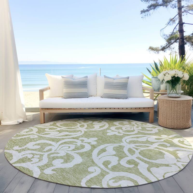 Machine Washable Indoor/ Outdoor Damask Glam Chantille Rug - Aloe - 8' x 8'