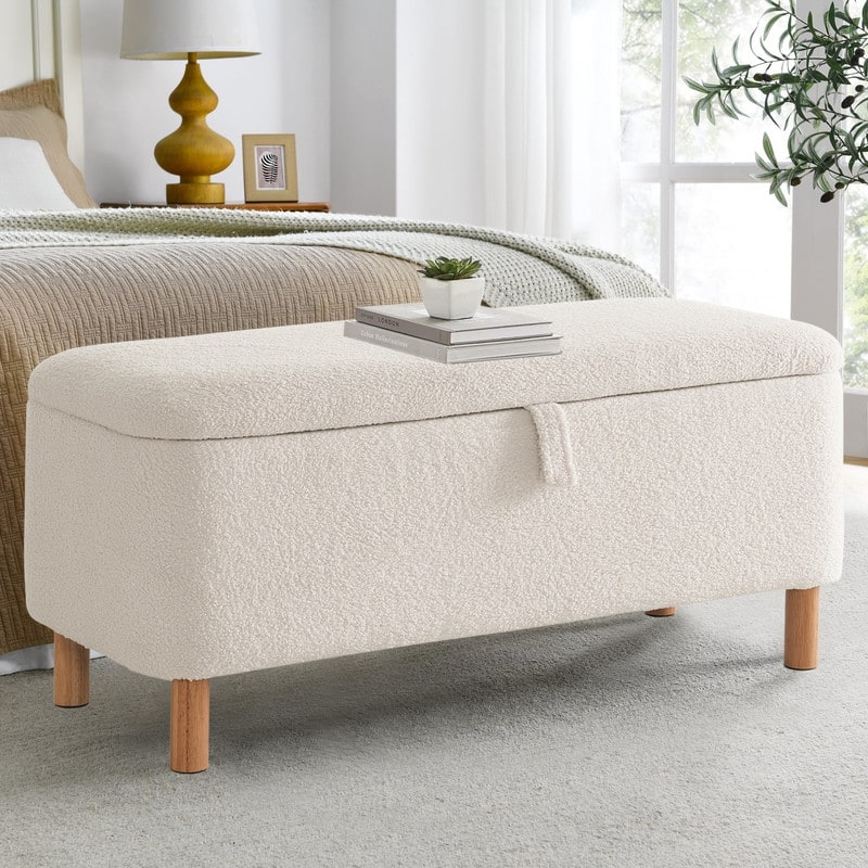 39.5" Off White Boucle Storage Ottoman Bench Sherpa Storage Bench Ottoman Foot Rest End of Bed for Living Room Bedroom,Wood Leg