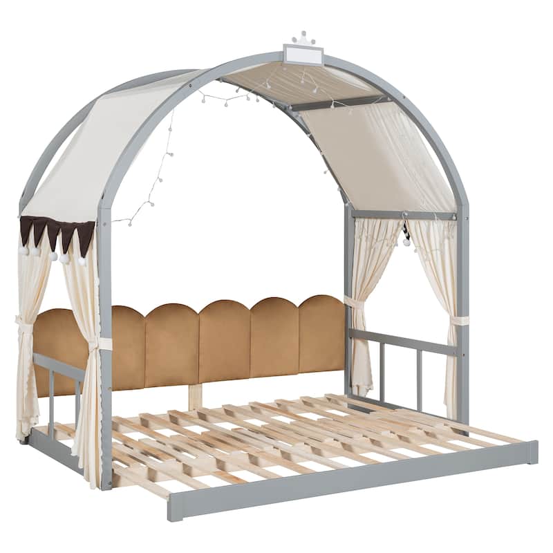 Wood Twin Size Bed Frame with Arched Roof, Floor Bed with Light and Curtain, Pull-out Kids Bed for Girls Boys Bedroom