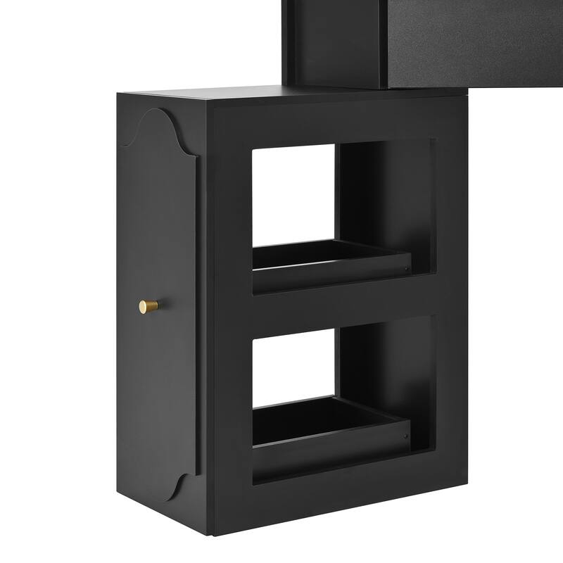 Corner Vanity Desk Set with Storage Stool, Glass Tabletop Makeup Vanity, Dressing Table with Side Cabinet, Drawer & Shelf