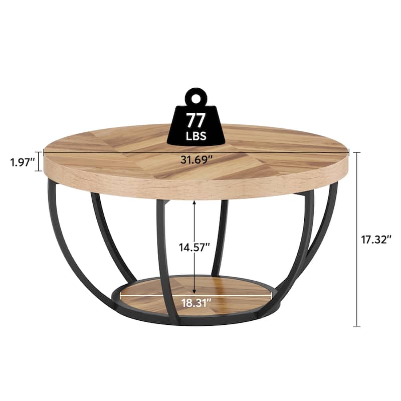 31.7" Round Coffee Table, Rustic 2-Tier Center Table with Storage Open Shelves