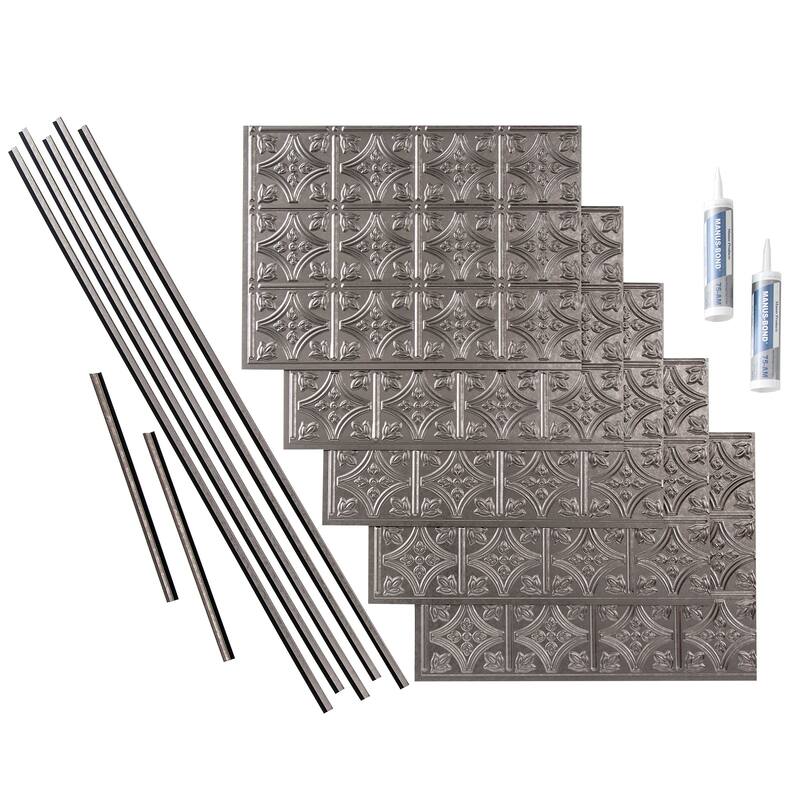 FASÄDE Traditional Style 1 Decorative Vinyl Backsplash Panel - 15 Sq Ft Kit - Galvanized Steel