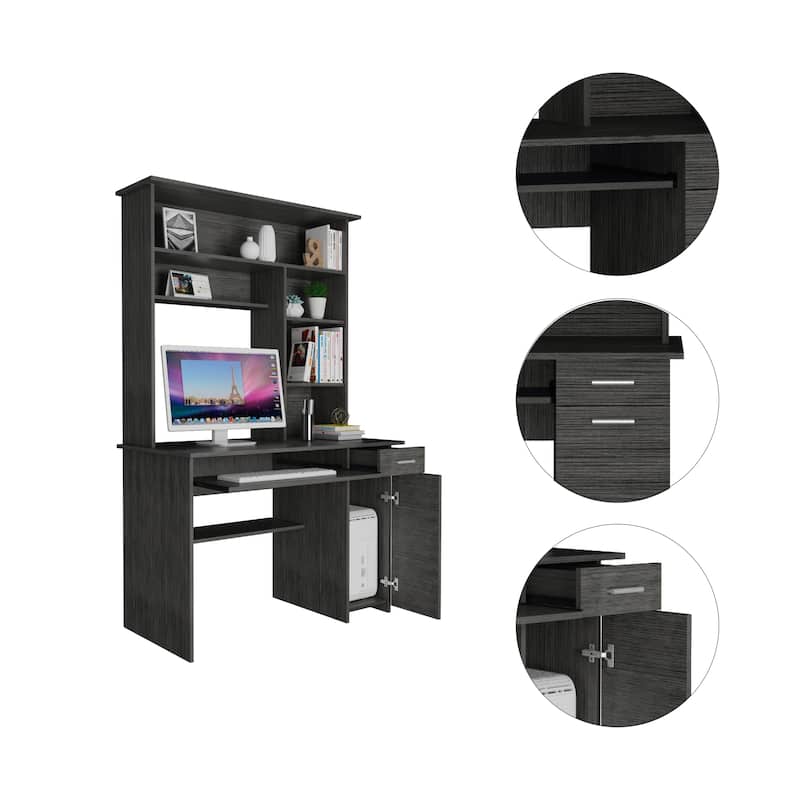 Compu 180 Hutch Desk with 5 Shelves, Retractable Keyboard Tray, CPU Panel, and Drawer