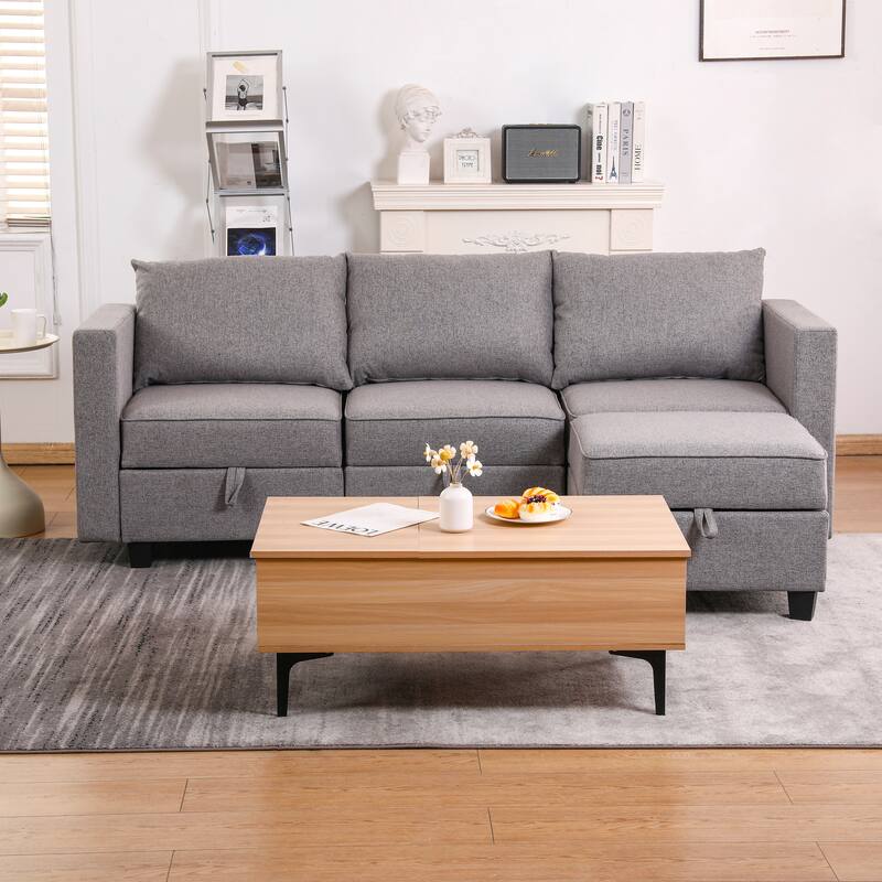 87" Burlap L-Shaped Modular 3-Seater Sofa with Ottoman & Storage