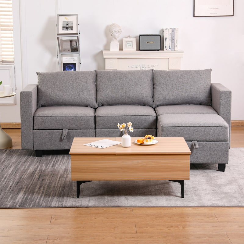 Small Sectional Sofa Modular L Shaped Couch 3 Seater Sectional Couch Convertible Chaise Ottoman with Dark Grey