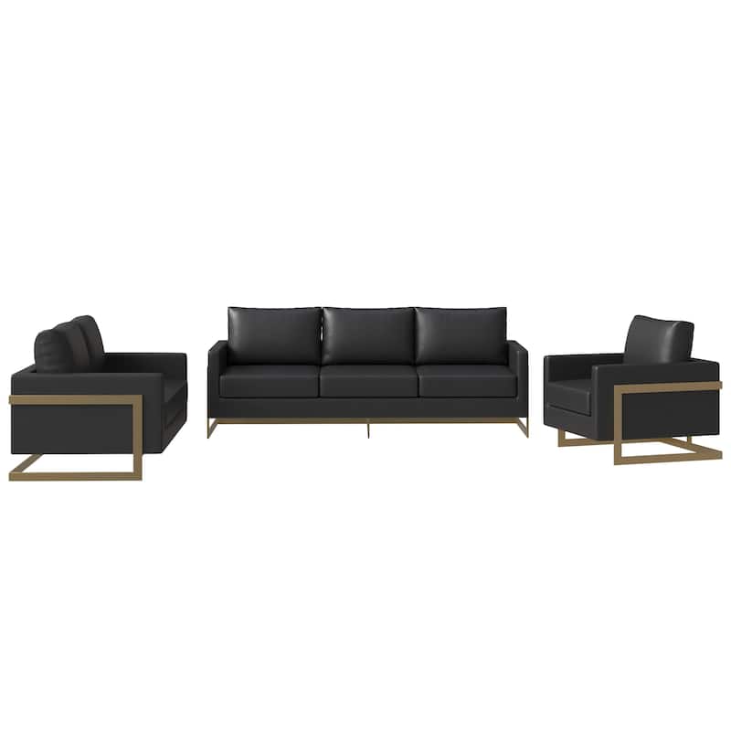 3-Piece Leather Sofa Set with Gold Stainless Steel Base and Removable Cushions