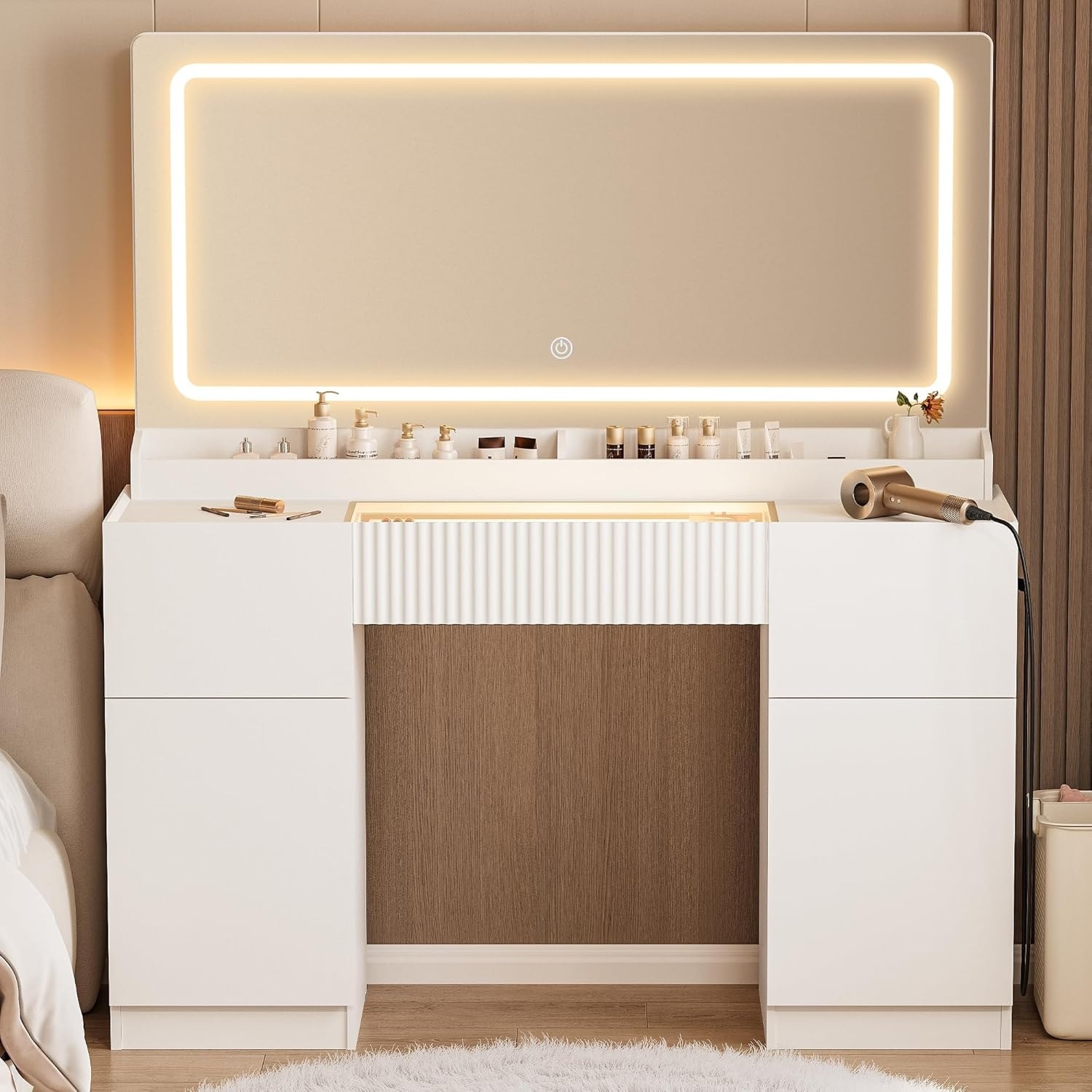 44 Inch Modern Glass Top Makeup Vanity with Mirror, Lights, and Storage