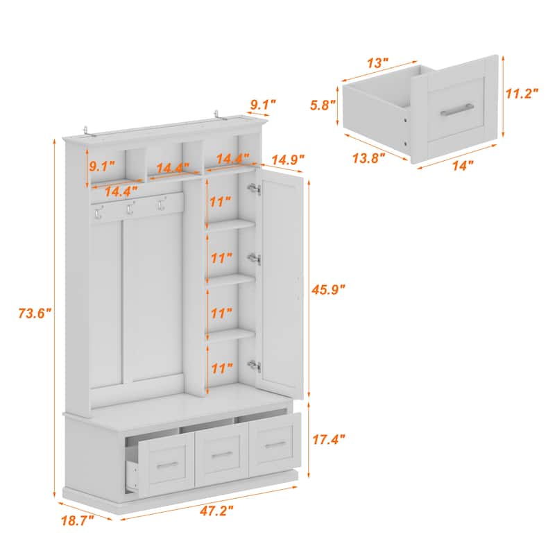 Modern White Hall Tree Entryway Storage Cabinet with Mirror and Drawers Entryway Bench - 47.2"X73.6"