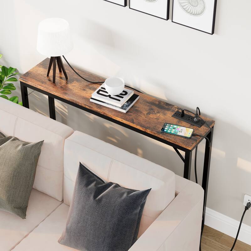 Console Table with Outlets, Narrow Sofa Table with Charging Station