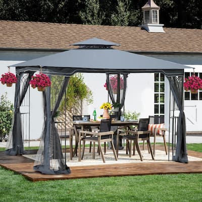 10' X 10' Steel Polyester Soft-Top Double Roof Outdoor Canopy Gazebo