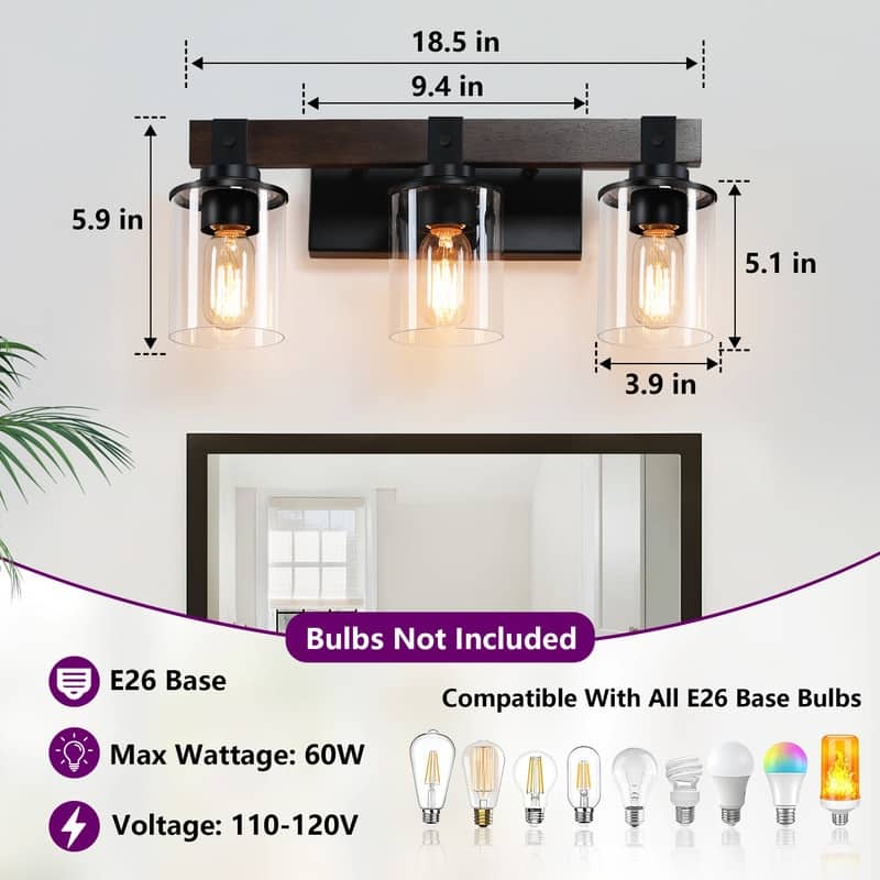 Vanity Light, Industrial Bathroom Wall Sconce with Glass Shades and Wood Accent, Modern Farmhouse Lighting Fixture (No Bulbs)