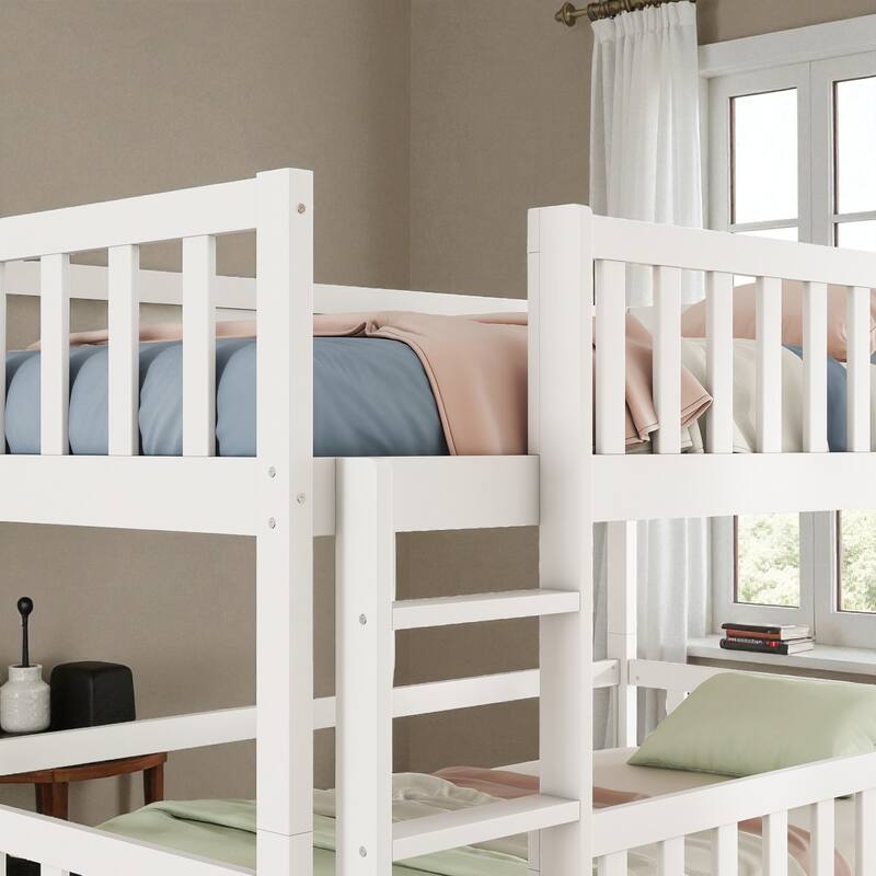 Twin Over Twin Over Twin Rubber Wood Triple Bunk Bed with Guardrails and Ladders, Detachable Convertible Triple Twin Bed Frame