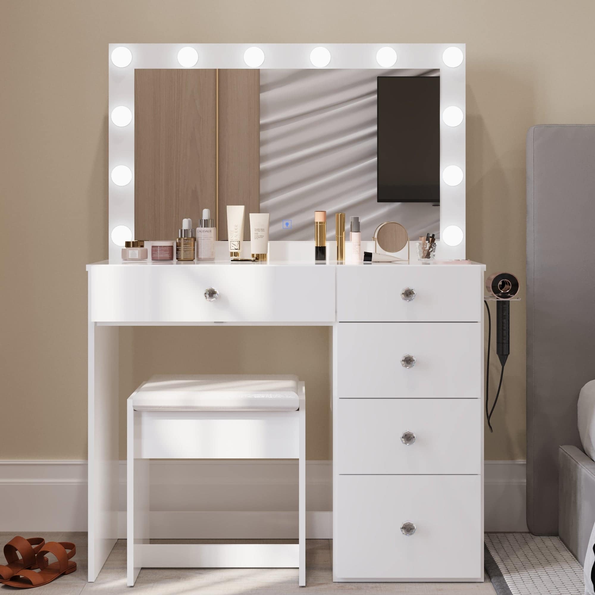 Boahaus White Makeup Vanity Desk with 13 Light Bulbs, Glass Top, USB-A & USB-C, 5 Drawers, Hair Dryer Holder, and Stool
