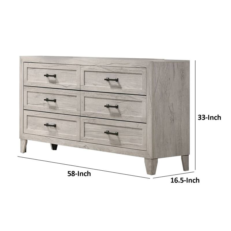 Miot Wide Dresser, 6 Drawers w Metal Handles, White Wash Wood