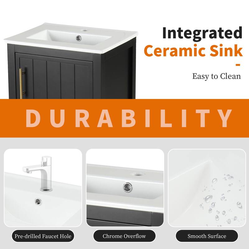 20" Bathroom Vanity Cabinet with Ceramic Sink, Soft Close Door, Storage Rack and Open Shelf