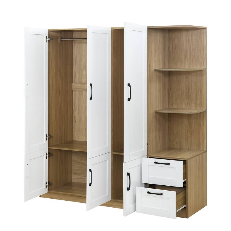 3 Doors Armoire Wardrobe Closet with 3 Side Shelves 2 Drawers, Wooden Bedroom Armoires with Hanging Rod for Bedroom