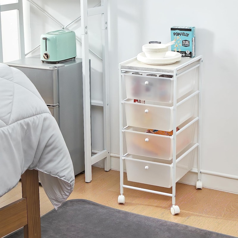 Suprima® Storage Carts - 4 Drawer Woodtop Shelf by DormCo - White / Whitewash Top