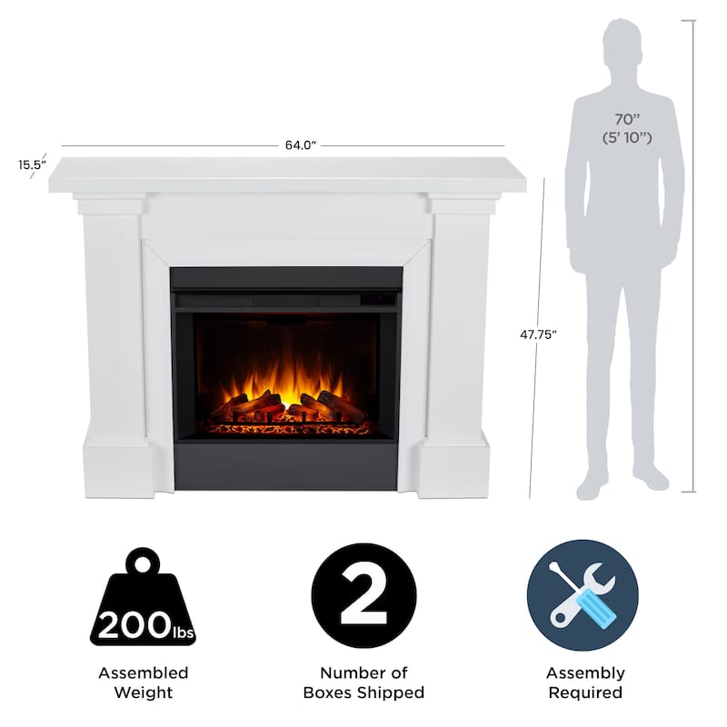 Manus 64" Grand Electric Fireplace in White by Real Flame - 64" L x 15.5" W x 47.75" H