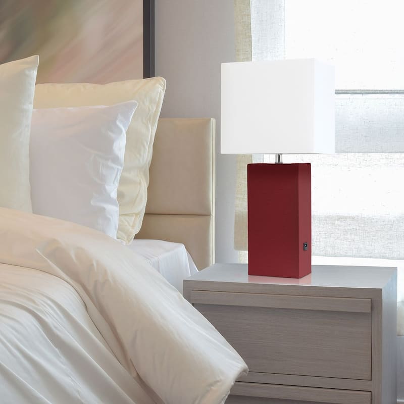 Modern Leather Table Lamp with USB and White Fabric Shade