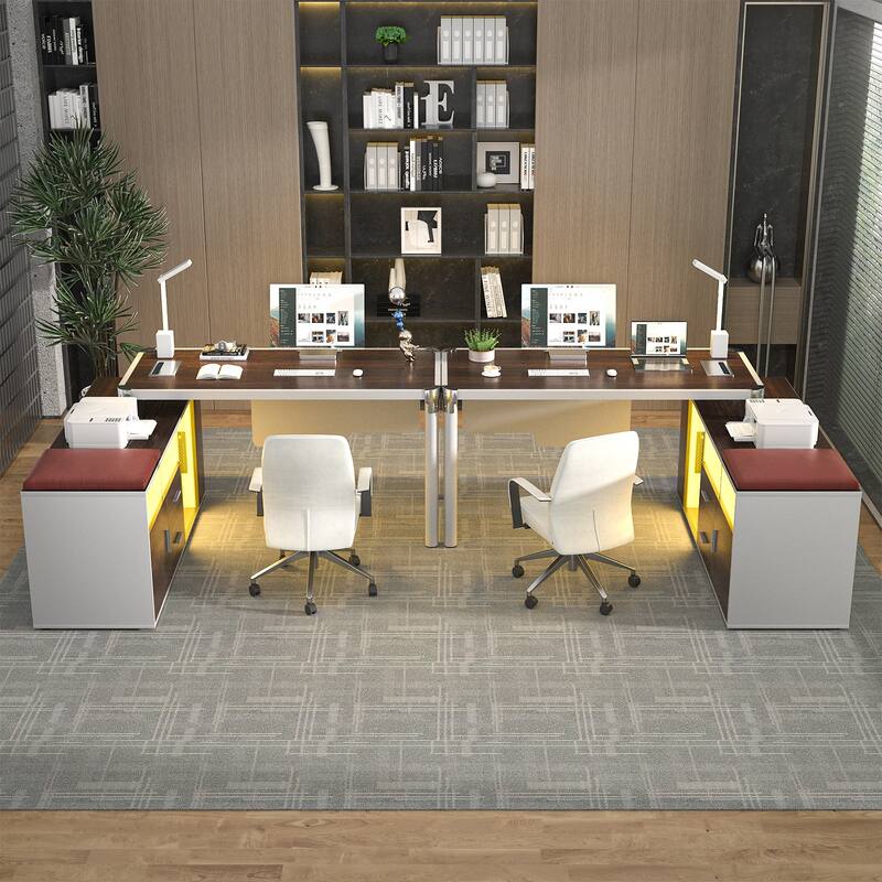 L Shaped Desk with File Cabinet and Power Strip, Reversible Corner Office Desk with LED Lights