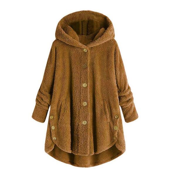 Shop Women Winter Warm Loose Hooded Coat Faux Fur Button Pockets