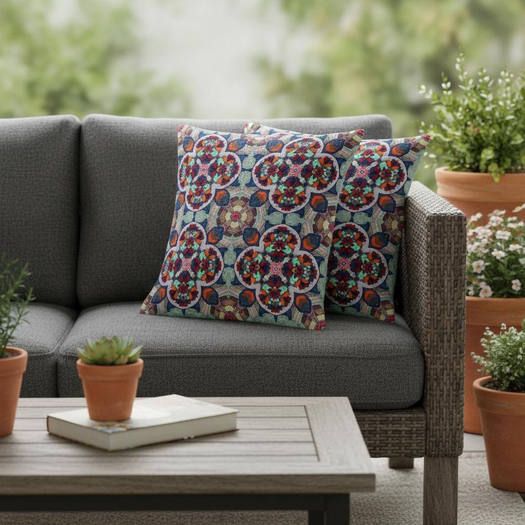 HomeRoots Set of Two 16" X 16" Blue and Orange Blown Seam Floral Indoor Outdoor Throw Pillow - 16.00' X '16.00' X '5.00