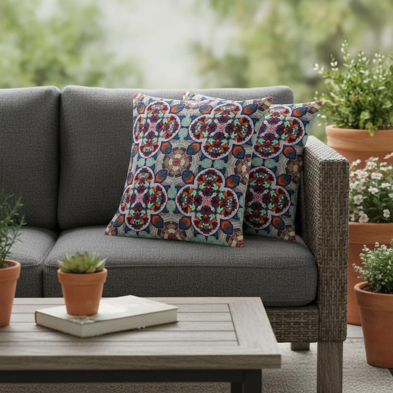 HomeRoots Set of Two 16" X 16" Blue and Orange Blown Seam Floral Indoor Outdoor Throw Pillow - 16.00' X '16.00' X '5.00 - Blue/Orange - 16.00' X '16.00' X '5.00