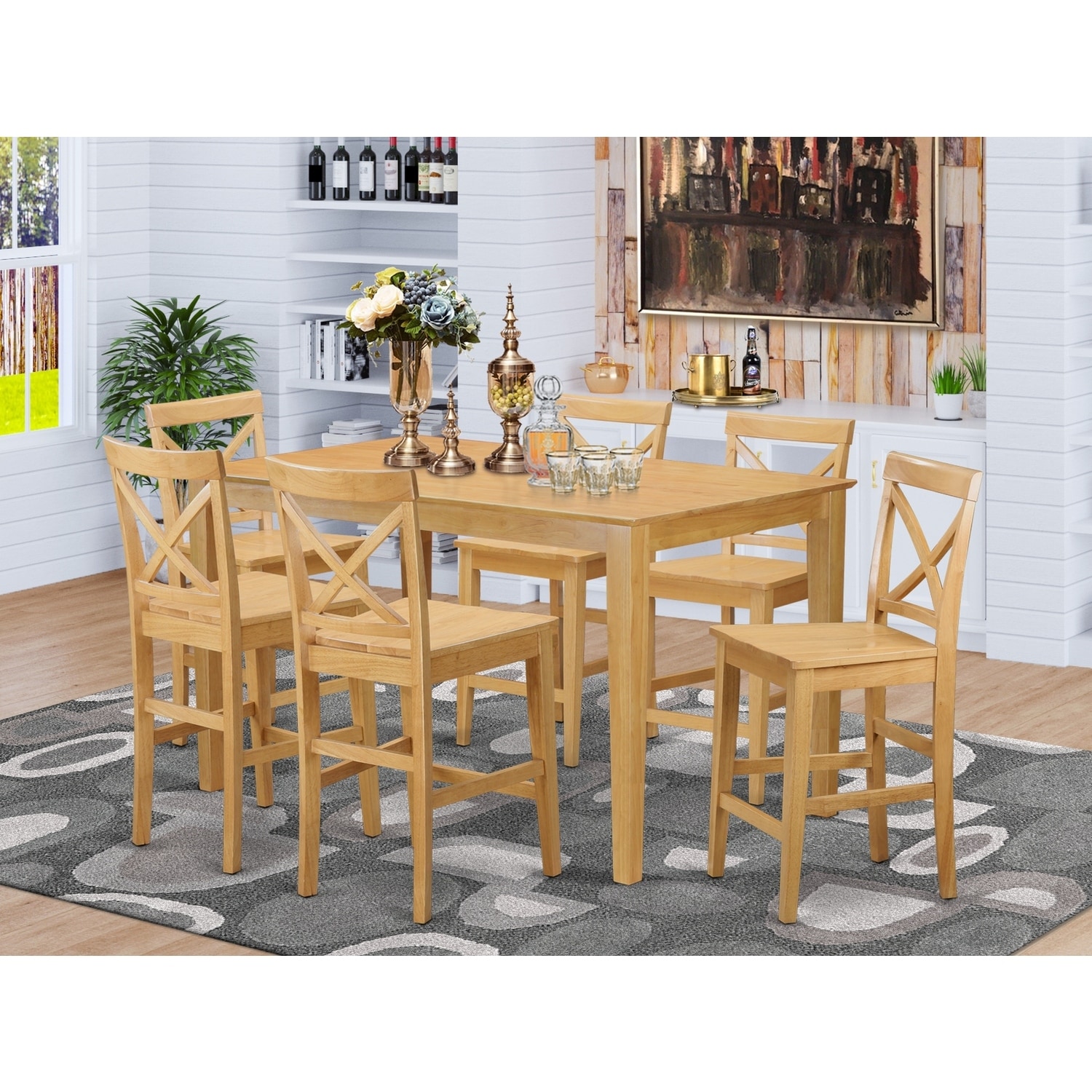 Counter Height Dining Set - Pub Table & Bar Stools - Modern Kitchen Set - Oak Finish