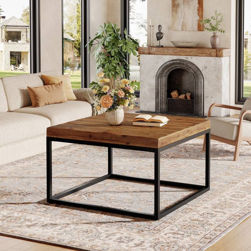 Square Solid Wood Coffee Table with Industrial Metal Frame