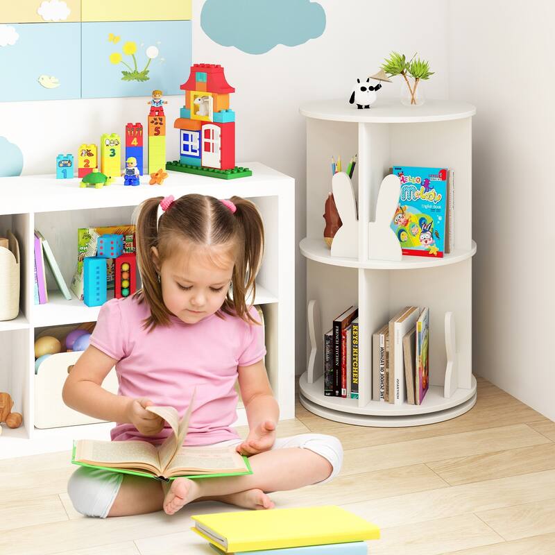 MDF Kids Rotating Bookshelf 8 Compartments 360-degree Swivel with Bunny Baffles - 16" L x 16” W x 25.5" H