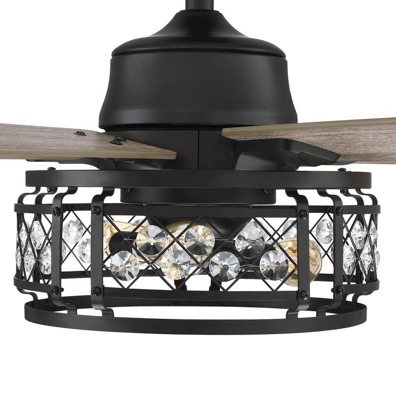 52" Oak Wooden 5-Blade Crystal LED Ceiling Fan with Remote - 3-Light