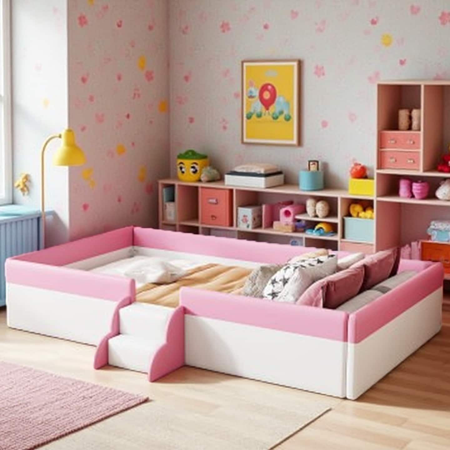 Twin Size Upholstered Daybed with Safety Fence and Stair Steps, Pink & White Platform Bed Frame for Kids
