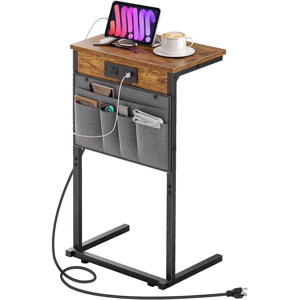 C-Shaped End Table with Charging Station, 28" Slide-Under Sofa Tray with Storage - Rustic Brown