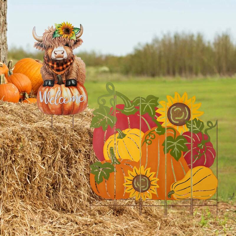 Glitzhome Fall Thanksgiving Metal Highland Cow Yard Stake Pumpkin Patch Combo Wall Decor