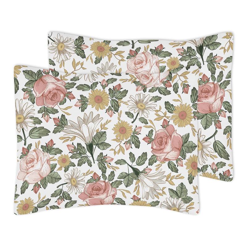 Sweet Jojo Designs Vintage Floral Boho Girl 3pc Full Queen Comforter Set - Blush Pink Yellow Green White Shabby Chic Farmhouse