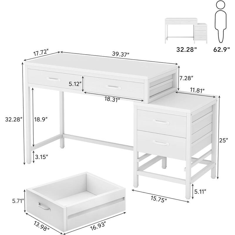51" Reversible Computer Desk with 5 Drawers and File Cabinet, Office Desk with Printer Stand, Writing Table with Storage