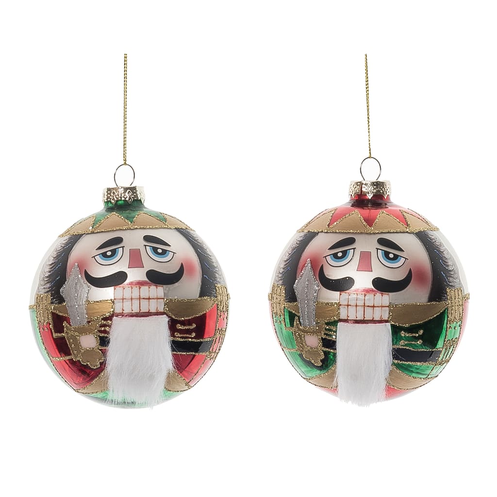 Transpac Glass Round Nutcracker Face Ornament Set of 2 Christmas Home Decorations - Multicolor