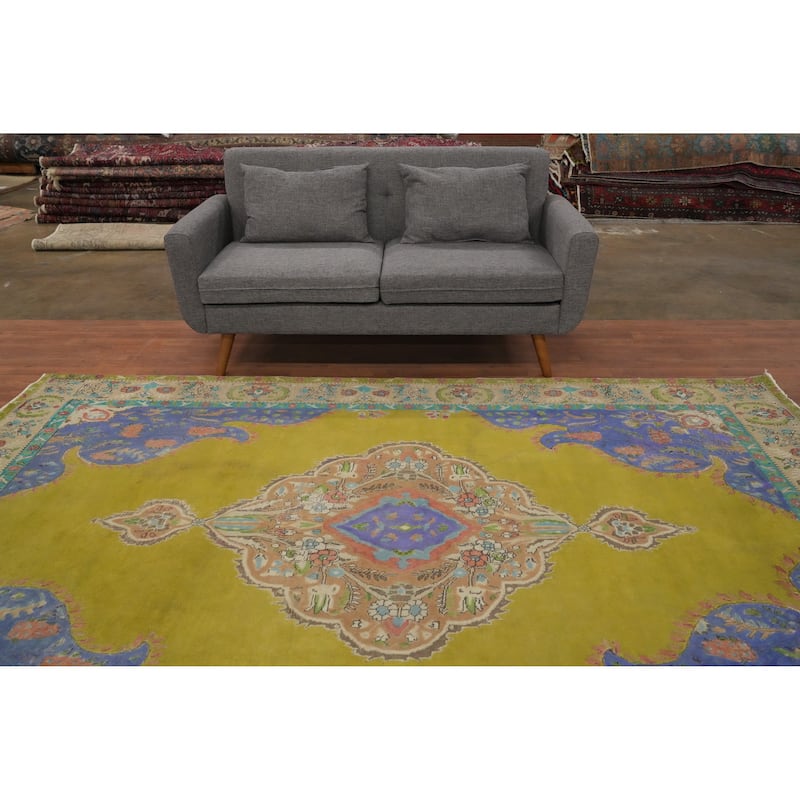 Hand Knotted Oriental 100% Wool Carpet Traditional Floral Green Tabriz Area Rug - 9' 10'' X 6' 11''