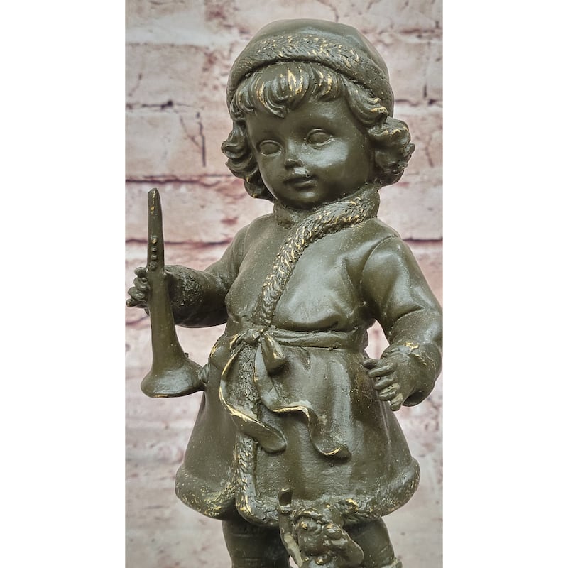 Bronze Winter Child Sculpture – Girl With Horn And Doll Figurine On Base