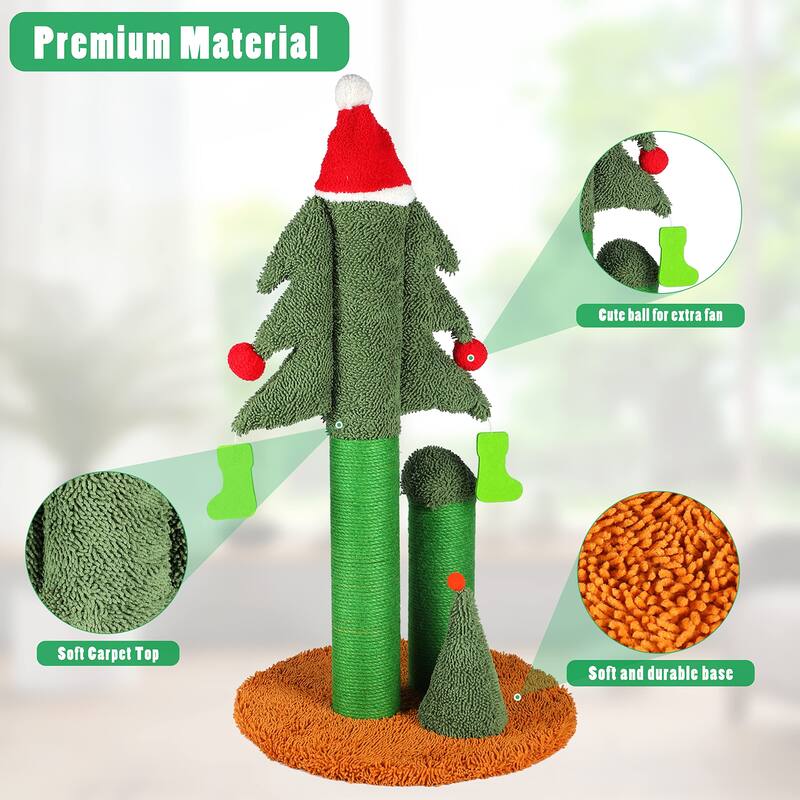 CUSchoice 32" Christmas Tree Cat Scratcher with 3 Posts & Teaser Balls - 32'