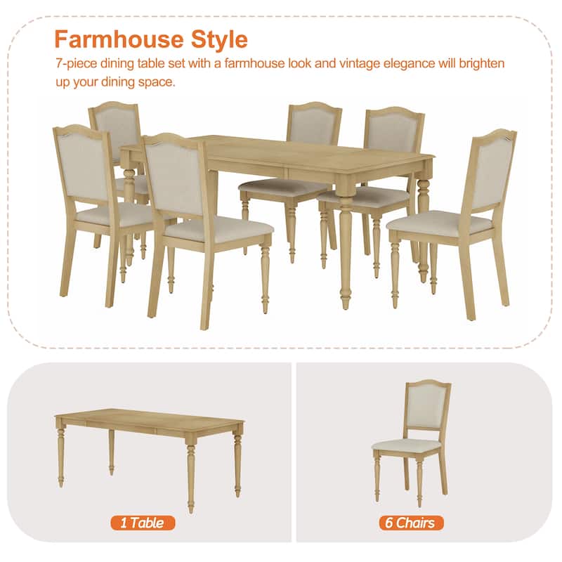 Farmhouse Dining Table Set, Wood Dining Table & Upholstered Chairs,Oak