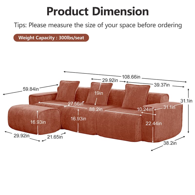 Streamlined Design Modular 3 Seat L Shape Boneless Velvet Fabric Sofa with 1 Movable Ottoman - 8' x 10'