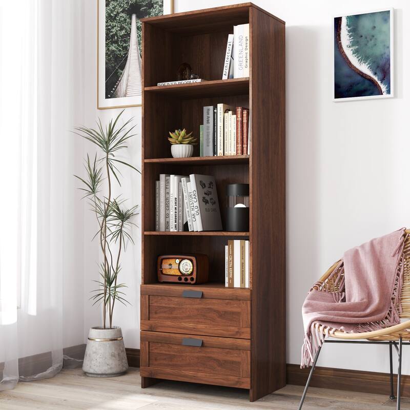 Anmytek Walnut Bookcase with 2 Drawers Tall Display Shelf for Living Room and Home Office Storage